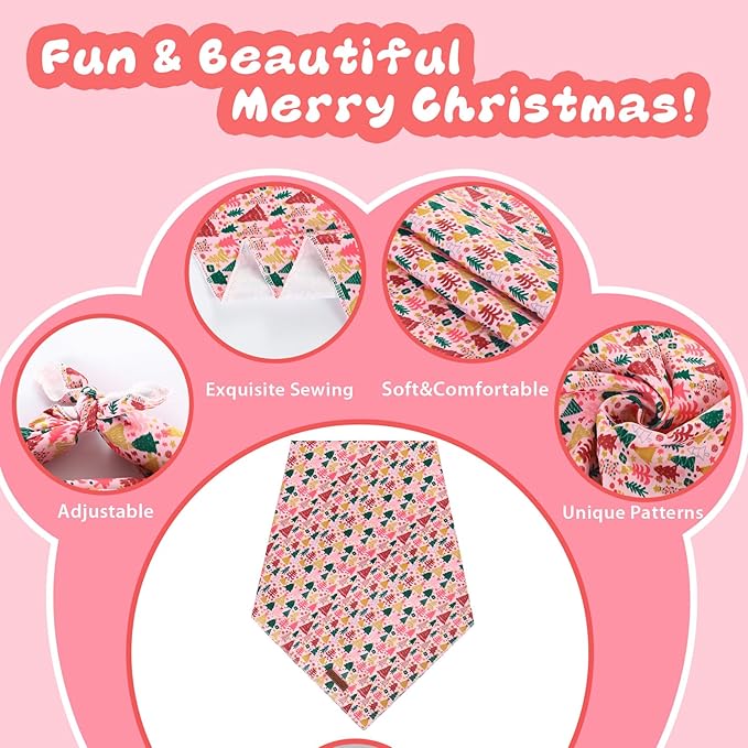 Christmas Dog Bandana–Pink Christmas Tree Triangle Scarf for Small Medium Large Dogs, Soft Cotton Pet Bib for Winter & New Year, Adjustable Dog Kerchief