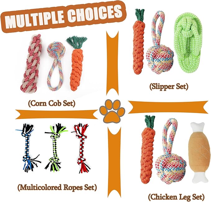 3PCS Natural Cotton Rope Toys for Small Dogs and Puppies, Dog Dental Care Chew Toys for Teething, Anxiety Relief, Helps Clean Teeth & Prevent Furniture Destruction(Corn cob Set)