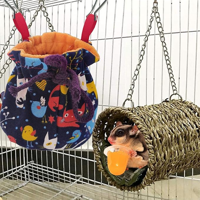 Dnoifne Sugar Glider Hanging Bed House, Sugar Glider Hamster Sleeping Pouch with Drawstring Design, Small Animals Hammock Cage Accessories, Cage Warm Sleep Bag for Squirrel Guinea Pig Birds Parrot