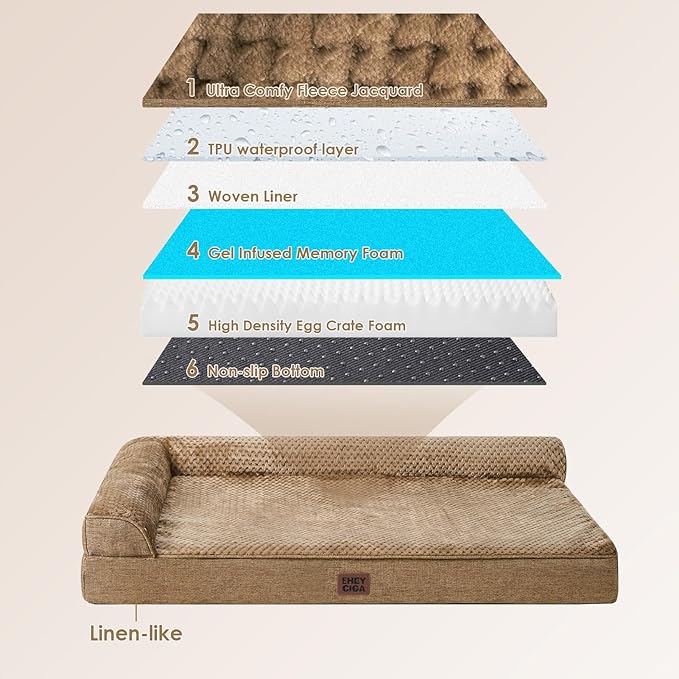 EHEYCIGA Memory Foam Dog Bed Large Size Dogs, Orthopedic Dog Bed Large with Washable Removable Cover, Waterproof Pet Sofa Couch with Nonskid Bottom, 36x27x6, Camel
