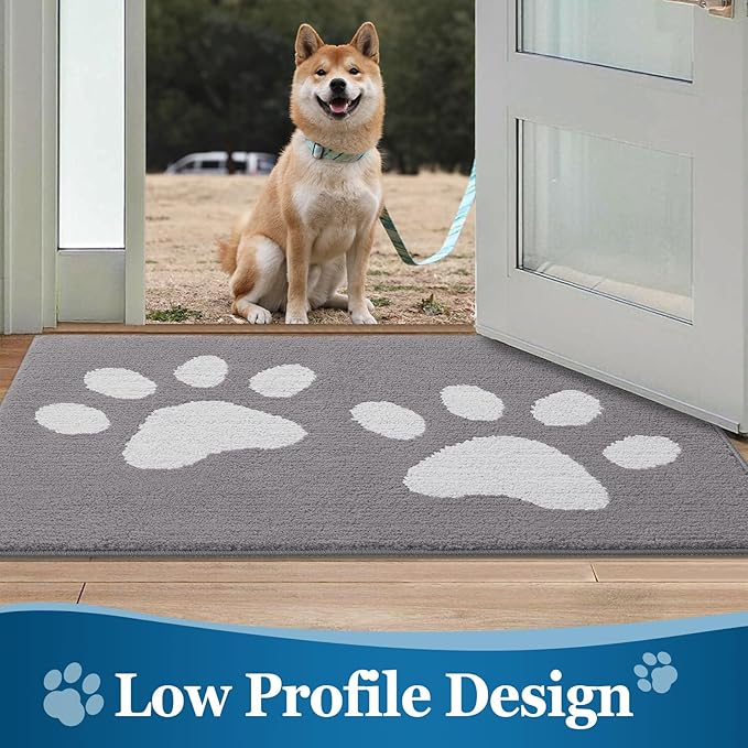 Buganda Dog Door Mat for Muddy Paws, Absorbent Dirt Trapper Washable Indoor Doormats, Non Slip Low-Profile Mud Mat for Dogs, Front Entrance Doormat for Inside Floor (36x24 Inches, Light Grey)