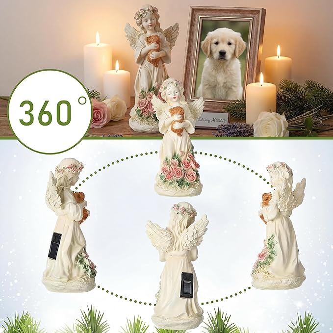 Chunful Solar Angel Dog Memorial Statue 10" Resin Pet Memorial Gift for Loss of Dog, Waterproof Outdoor Garden Cemetery Decor, LED Night Light Sympathy Gift for Women Mom Grandma