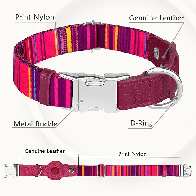 AirTag Dog Collar for Small Medium Large Breed - Adjustable Cute Pattern Dog Collar with Airtag Holder - Soft Leather Tracker GPS Apple Air Tag Pet Collars (X-Large, 20"-25" Neck Fit, Striped)