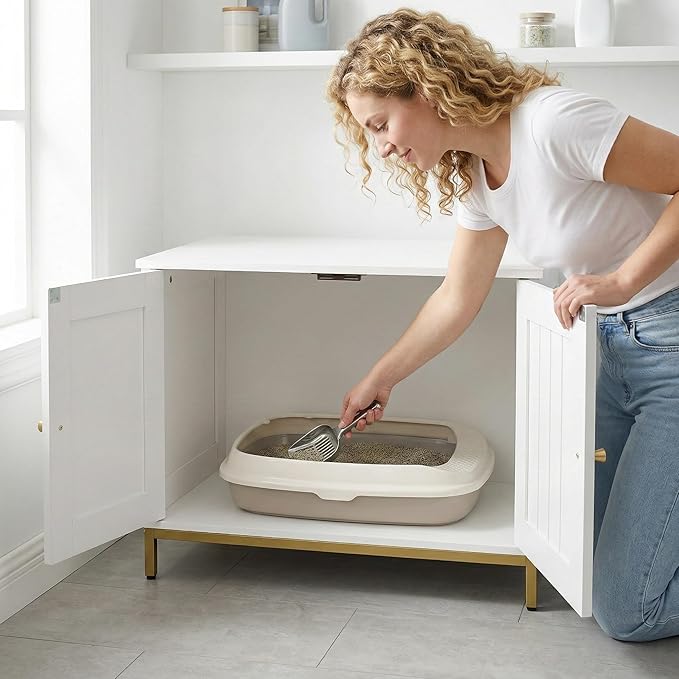 Homhedy Cat Litter Box Enclosure, Cat Washroom Furniture with Metal Frame, Pet House, Fit Most of Litter Box, Modern Style, White and Gold