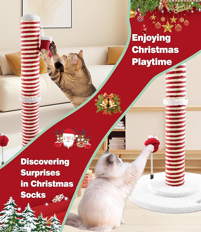 Christmas Cat Scratching Post,Christmas Cat Scratcher for Indoor Cats,Xmas Cat Tree Tower Activity Cat Play Center with Santa Danging Sock Toys and Gift Box