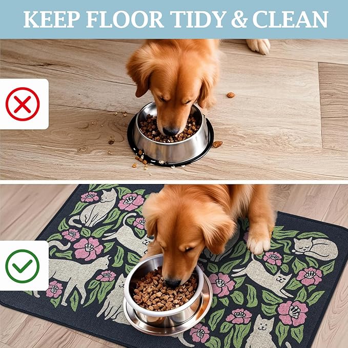 SHIYUE Dog Food Mats for Floors, Absorbent Cat Bowl for Food and Water, Non-Slip Accessories Pet Supplies(12"x20",Black Animal Flower)