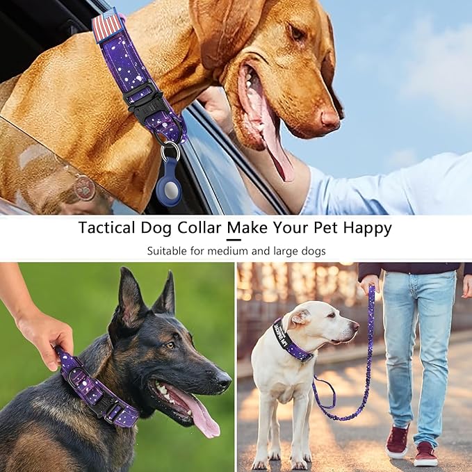 DAGANXI Tactical Dog Collar, Adjustable Military Training Nylon Dog Collar with Control Handle and Heavy Metal Buckle for Medium and Large Dogs, with Patches and Airtags Case (XXL, Purple Sky-Set)