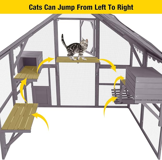 Aivituvin Large Catio Outdoor Cat Enclosure Window Design for 6-10 Cats, 74" H Walk-in Patio Cat House with 4 Access Doors, Waterproof Roof, Spacious Kitty Cage for Multiple Indoor Outdoor Cats