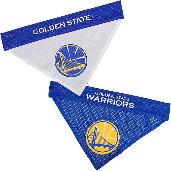Pets First NBA DOG BANDANA - GOLDEN STATE WARRIORS REVERSIBLE PET BANDANA. 2 Sided HOME & AWAY Sports Bandana with a PREMIUM Embroidery TEAM LOGO, Small/Medium.