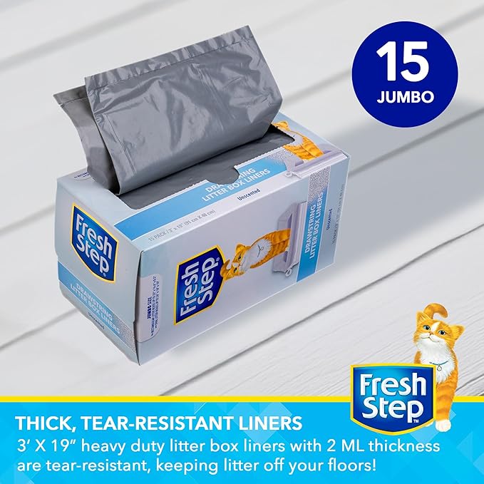Fresh Step Jumbo Drawstring Cat Litter Box Liners, Unscented Heavy Duty Kitty Litter Bags for X-Large Oval or Rectangle Pans, Helps Contain Mess, Easy Lift Out Cleanup, 36 x 19 in, 15 Count