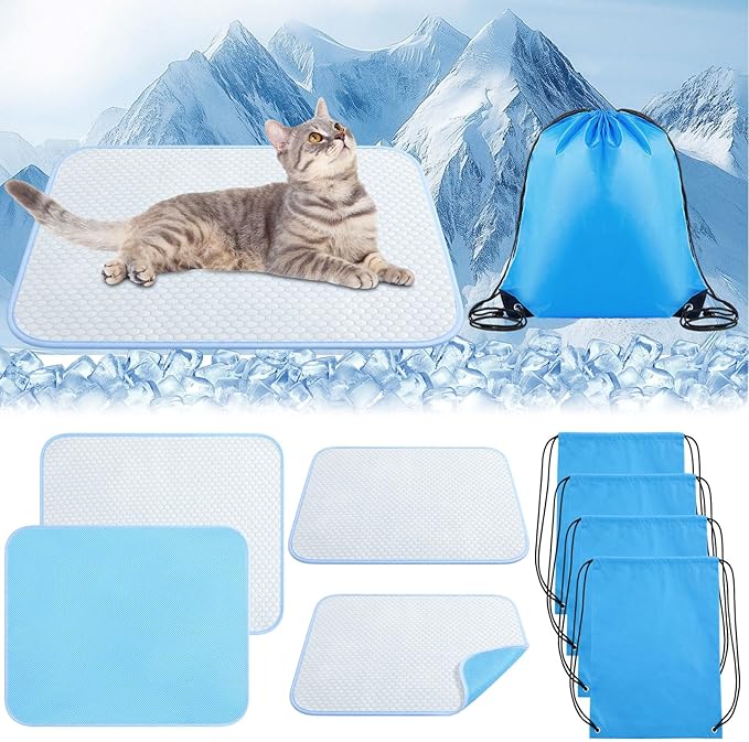 Chunful 4 Pack Pet Cooling Mat 18 x 14 Inches Cooling Pads for Cats Summer Ice Silk Self-Cooling Pet Mat Portable Washable Non-Skid Dogs Blanket Pad for Small Dogs Puppy and Cats up to 10 Lbs