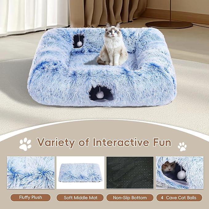 Extra Large Cat Tunnel Bed, 4 Ways Tunnels for Indoor Cats, Multi-cat Family Pet Bed & Cave, Plush Cat Donut with Washable Middle Mat, Exit Balls, Pet Play Toy for Kitten Puppy Rabbit, Blue