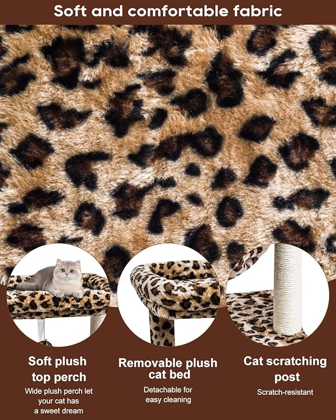 SYANDLVY Small Cat Tree for Indoor Cats, Unique Cheetah Leopard Print Cat Tree Tower for Kitties, Condo Furniture with Hammock & Sisal Scratching Posts
