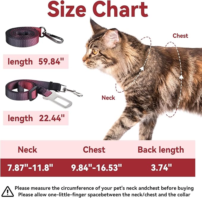Cat Harness and Leash Set, 3-in-1 Escape Proof Adjustable, Comfortable Soft Lightweight, Safe, Easy to Wear, Walking Travel Kitten Harness for Small Medium Large Cats （Red