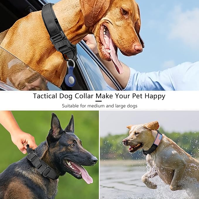 DAGANXI Tactical Dog Collar, Adjustable Military Training Nylon Dog Collar with Control Handle and Heavy Metal Buckle for Medium and Large Dogs, with Patches and Airtags Case (XXL, Black)