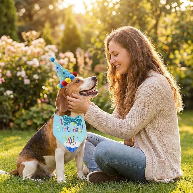 Pet Birthday Party Set with Hat and Bandana for Dogs and Cats with Star Pattern Design, Adjustable Sequin Bow tie Accessories, Blue Birthday Boy Scarf (Blue)