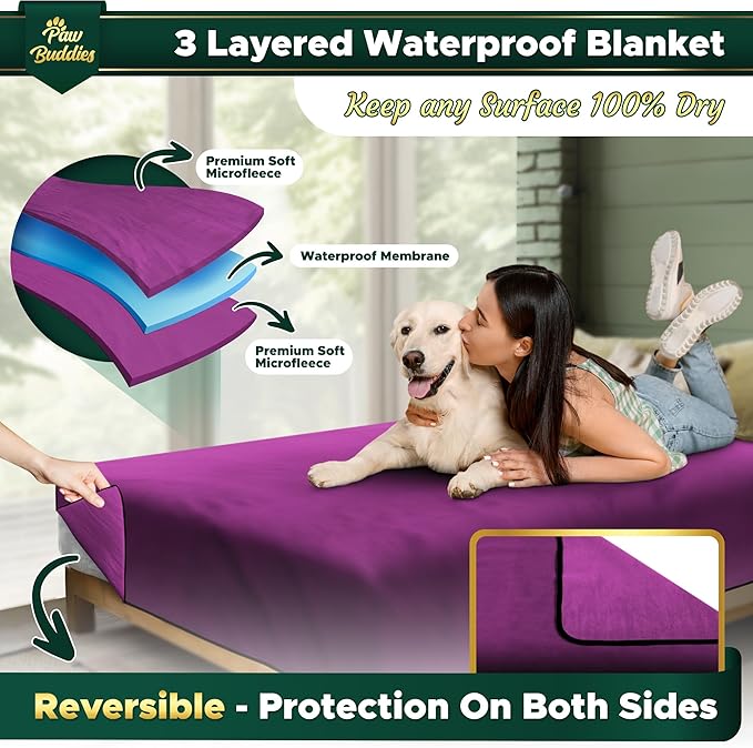 Paw Buddies Waterproof Blanket 80"x90" – Reversible Microfleece Throw for Couples, Pets & Family – Leakproof, Machine Washable Bed & Sofa Protector for Home or Travel