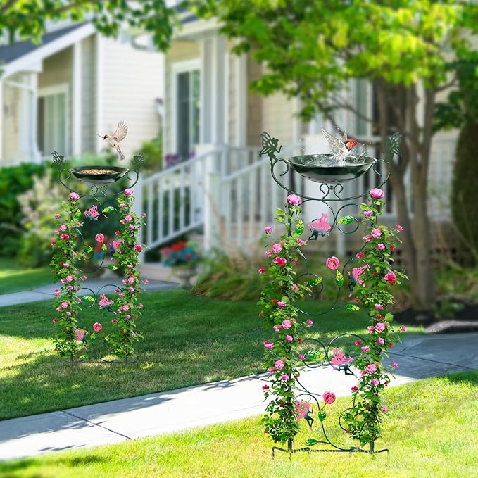 HONGLAND 36.5" Metal Bird Bath with Trellis, Outdoor Garden Birdbath with Detachable Bowl & Climbing Plant Support, Decorative Bird Feeder Station with Fairy for Yard, Patio, Fence