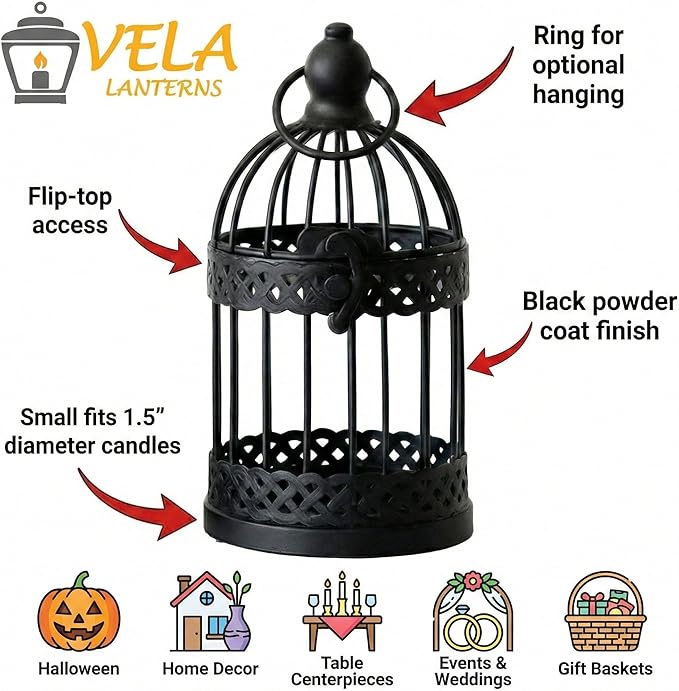 VELA LANTERNS 6" Birdcage Decor Candle Holder Lantern Decorative Table Centerpiece Halloween Decorations, Black, Small, Set of 4