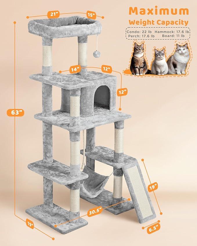 Yaheetech Cat Tree Cat Tower, 63in Multi-Level Kitten Tree for Indoor Kitty, Pet Condo Furniture with Scratching Posts, Large Top Perch, Hammock, Tall Climbing Stand for Kitty Play