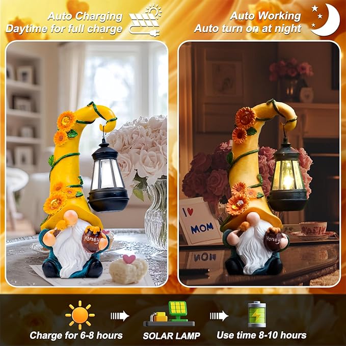 Mom Birthday Gifts-Garden Gnome Statue with Solar Lights Large Garden Sculptures Funny Triple Gnome Outdoor Patio Lawn Yard Garden Decor Gifts for Women Mom 12 in Spring Gnomes Outdoor