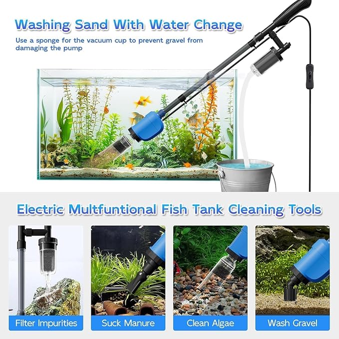 6-in-1 Electric Aquarium Gravel Cleaner, 530GPH Fish Tank Vacuum with Water Changer, Sand Washer & Debris Remover, Quiet 32W Pump & Telescopic Pole for Freshwater & Saltwater Tanks (Blue)