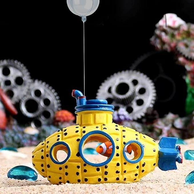Floating Fish Tank Decoration, LittleCute Retro Submarine AquariumDecoration with Two Float Balls,Resinous Fish Tank Accessorie