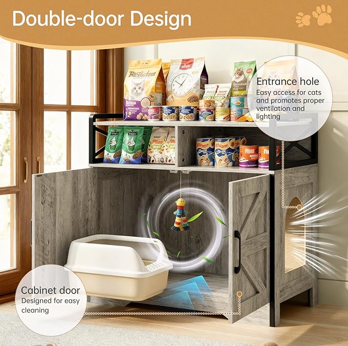 Cat Litter Box Enclosure Furniture - Hidden Litter Box Cabinet with Scratch Pad & Odor Control | Farmhouse Style End Table for Cats | Discreet Cat Washroom for Living Room & Bedroom Grey