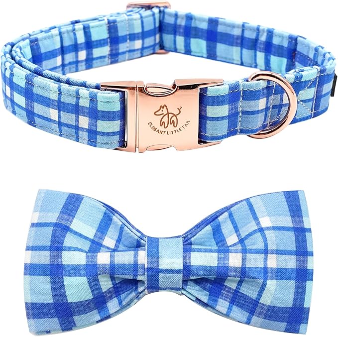 Elegant little tail Dog Collar with Bow - Blue Plaid Boy Dog Collar Cute Bowtie Pet Collar Adjustable Dog Collar for Medium Dog