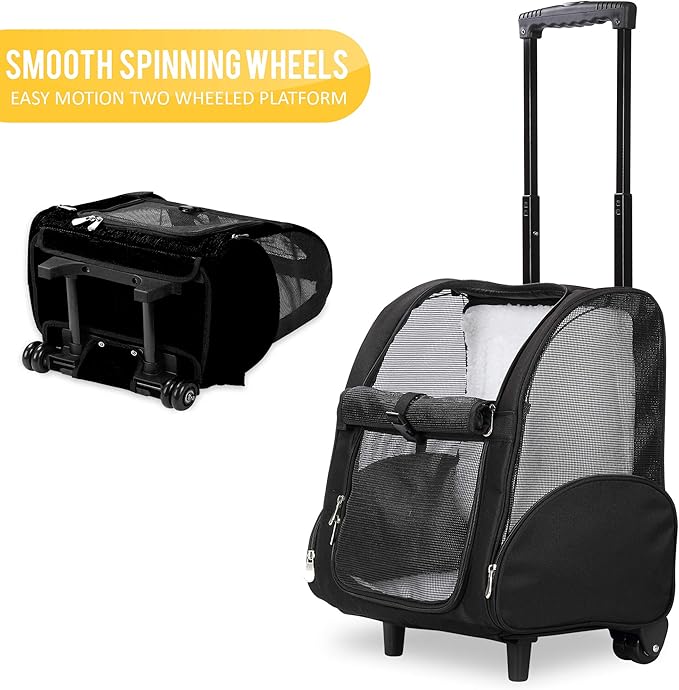 KOPEKS Deluxe Backpack Pet Travel Carrier with Double Wheels for Pets up to 18 Pounds - Black