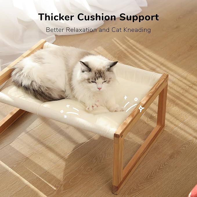 FUKUMARU Cat Bed Hammock, Cozy Velvet Cat Couch for Indoor Cats, Raised Wooden Cats Perch, 21 Inch Pet Sofa, Outdoor Dog Beds, Suitable for Puppy, Bunny and Small Animal, White