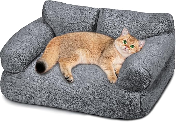 Large Cat Beds for Indoor Cats, Dog Couch Bed, Cute Cat Couch Sofas for Less 20lbs Kitten Puppy, Small Dog Sofas & Chairs with Removable Washable Cover, Soft Warm Pet Furniture, Gray