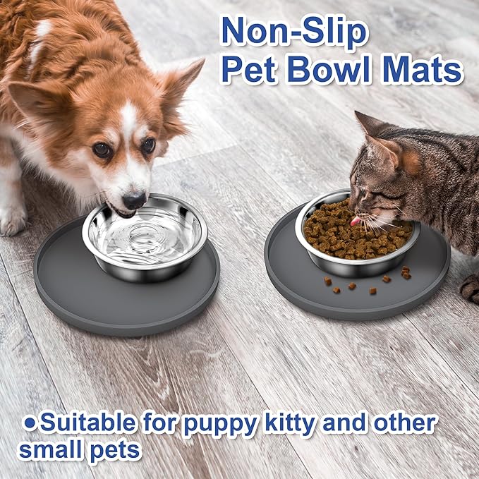 Arespark Cat Food Mat, Set of 4 Nonslip Waterproof Feeding Bowl Silicone Mats with Raised Edges for Food Water Prevent Spills, Round Eating Plates Tray for Dog Cat Puppy Kitten, 8'' x 8''