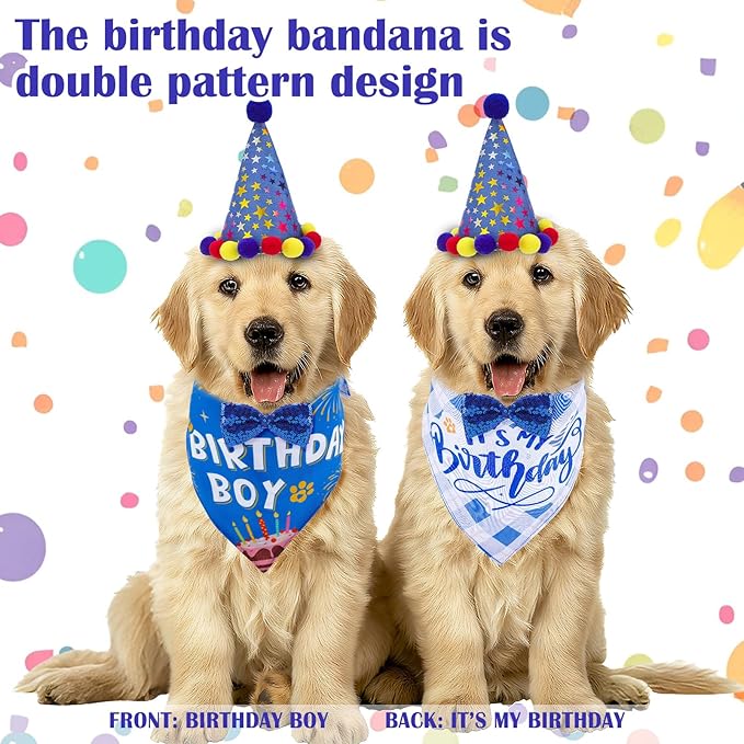 Dog Birthday Decorations, Dog Birthday Hat with Numbers Bandana Bow Tie It’s My Bday Mother Puppers Banner for Small Medium Large Dogs Pets Supplies(Blue)