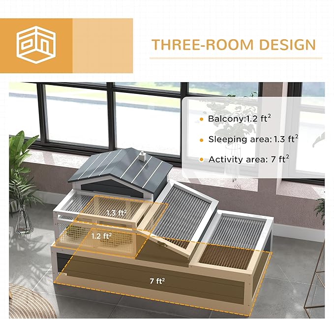 PawHut 3- Room Tortoise House Habitat with Balcony & 2 Stories, Indoor/Outdoor Wooden Tortoise Enclosure with Ladder, Tray, Openable Roof, Large Reptile Cage, 44" x 25.5" x 23", Gray