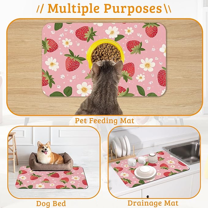Dog Bowl Mat,Strawberry Pet Feeding Mat for Floors Waterproof,White Daisy Absorbent Dogs Placemat for Food and Water Quick Dry Pet Cat Feeding Mats with Non Slip Bottom 12" x 20"