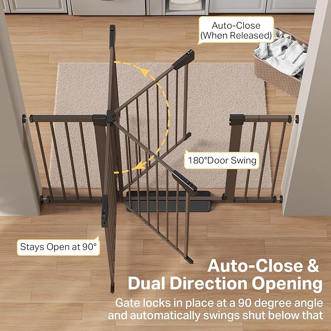 Cumbor 29.7"–51.5" Extra Wide Baby Gate for Stairs, Pressure-Mounted Dog Gates for Doorways & Hallways, Auto-Close Walk-Through, No-Trip Design, Child Proof Safety, Dog/Pet Gate for Indoor Use, Brown