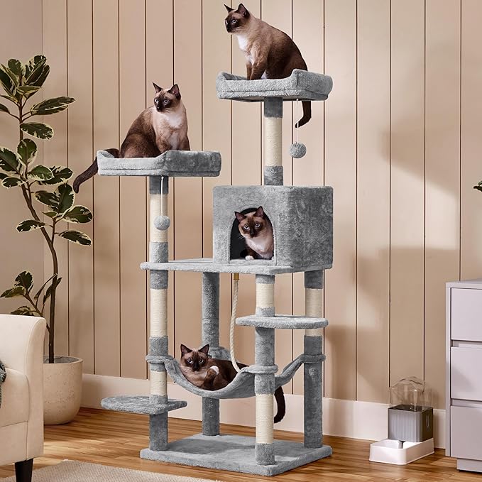 Yaheetech 59in Cat Tree for Multiple Cats, Multi-Level Activity Tower w/Hammock, Condo, Perches, Extended Platforms for Climbing & Jumping –Heavy Duty Cat Tower w/Scratching Posts & Dangling Balls
