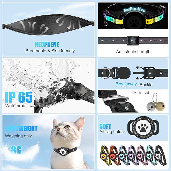 Airtag Cat Collar Breakaway, Reflective Cat Collar with AirTag Holder and Bell, Compatible with Apple Air Tag, Comfortable Padding, Adjustable, Durable (Black)
