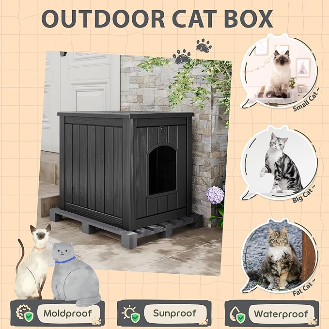 Cat Litter Box Enclosure, Hidden Litter Box with Openable Front Door, Outdoor Cat House Weatherproof, Side Table, Easy to Clean and Assembly, Dark Black