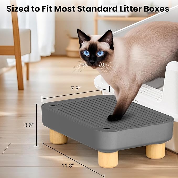 Litter Box Step, Litter Box Ramp/Catcher with Wooden Base, Anti-Tracking & Easy to Clean, Ideal for Small & Elderly Cats (Dark Gray)