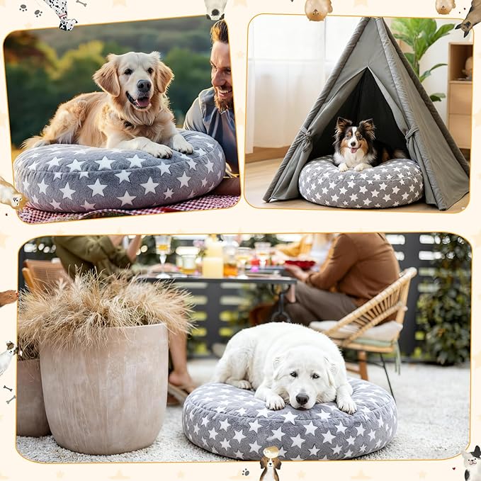 Youyole Large Washable Round Dog Bed Cover Replacement Waterproof 45 x 45 x 11 in Round Donut Bed Cover for Dog Soft Gray Pet Beds Protector Sheet with Lovely Star Print for Donut Beds & Pet Couch