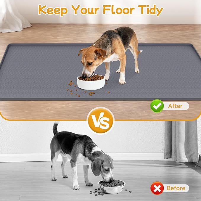 Lanstics Dog Food Mat, 51" x 26" Large Silicone Mat Dog Feeding Mat with Raised Edge Non-Slip Pet Feeding Mat for Food and Water Bowl, Easy to Clean, Floor Protection (Gray)