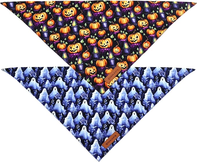 Realeaf Halloween Dog Bandanas 2 Pack, Pumpkins and Ghosts Pet Scarf for Boy and Girl, Premium Durable Fabric, Holiday Bandana for Medium and Large Dogs Pets (Large)