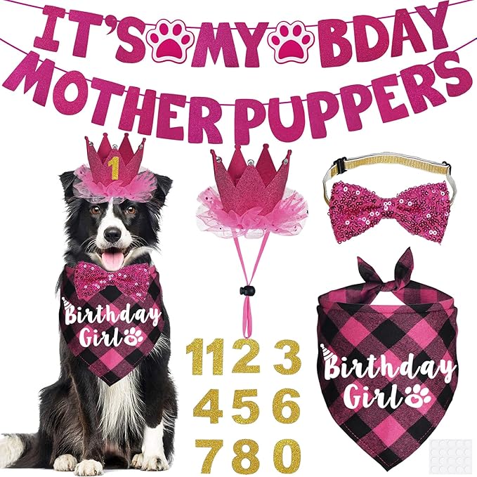 Dog Birthday Decorations, Multi Sizes Dog Birthday Bandana Girl Dog Birthday Hat Crown Bow Tie Birthday Numbers It’s My Bday Mother Puppers Sign Banner for Medium Large Dogs Pets (Pink, Large)
