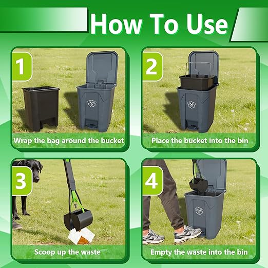 Dog Poop Outdoor Trash Can with Lid 20L/5Gal - Pedal & Removable Inner Bin, 200 Waste Bags + 1 Green Long Handle Pooper Scooper
