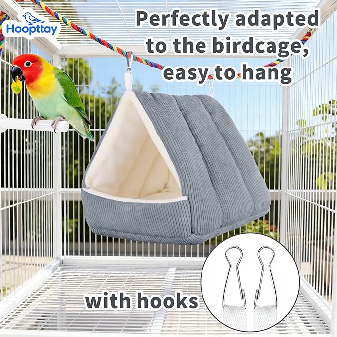 Small Winter Warm Bird Bed for Cage with Soft Plush Hanging Hammock & Hut Tent, Hideaway Sleeping Nest for Budgies, Cockatiels, Small Animals, and Guinea Pig Hideouts (Grey, S)