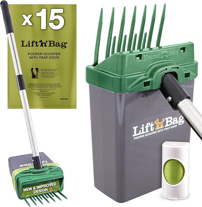 Neater Pet Brands Lift N’ Bag 2.0 Dog Pooper Scooper with Bag Attachment & 22" Pole for Small to Large Dogs, New & Improved Design, 15 Refill Bags, Heavy Duty Dog Poop Scooper for Yard, One-Hand Use