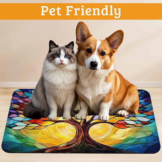 Tree of Life Feeding Mat,Colorful Tree Absorbent Quick-Dry Cat Dog Food and Water Bowl Mats,Non-Slip Rubber Backing Mat,Cat Dog Accessories Supplies 12" x 20"