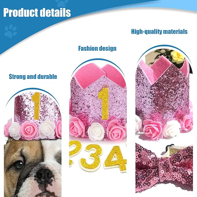 Pet Birthday Hat, Dog Birthday Crown Hat and Bowtie with 0-9 Figures Charms Party Accessories for Small Medium Dogs Cats (PINK)